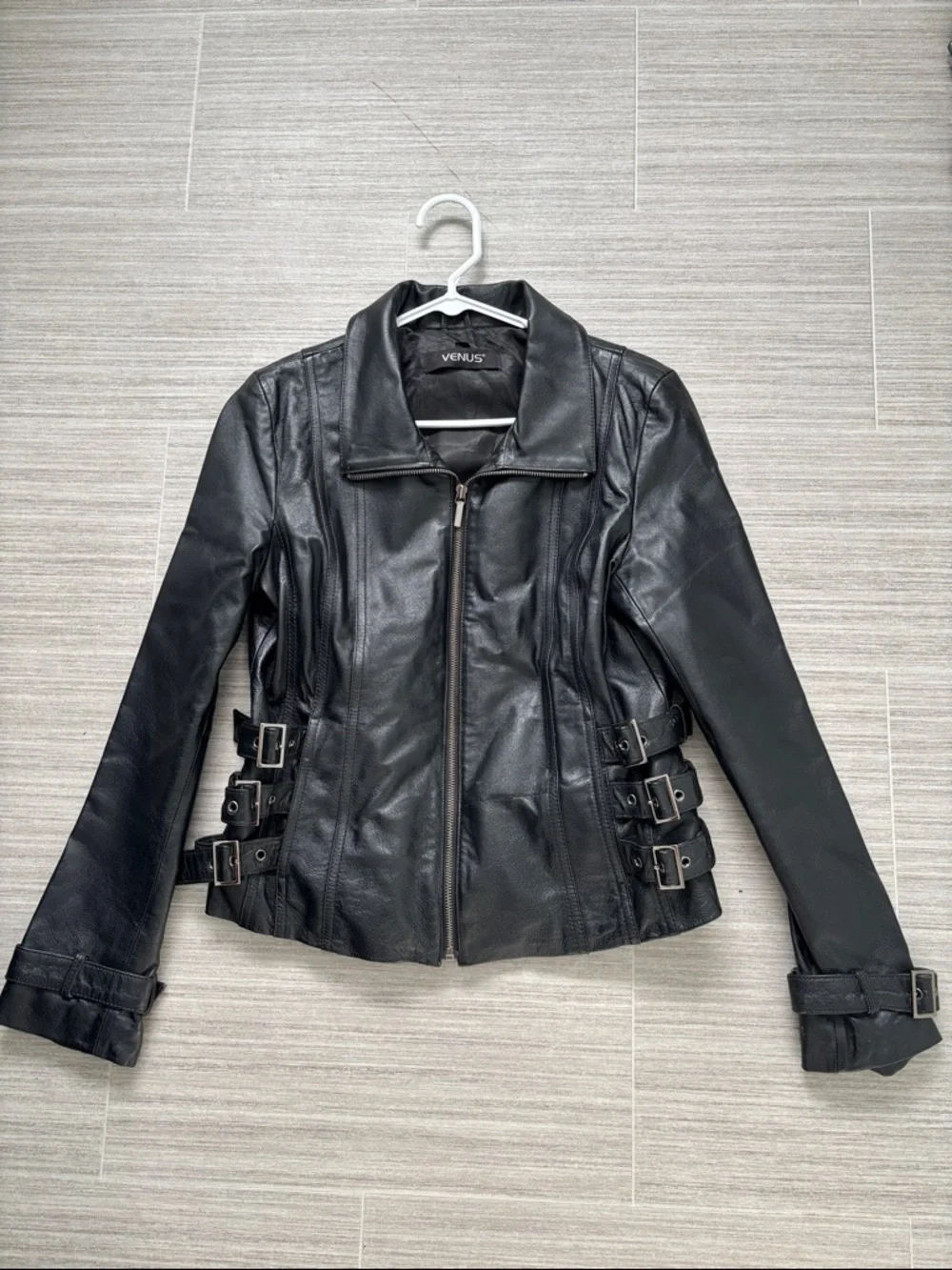 VENUS Black Leather Buckle-Accent Zip Jacket - Picture 1 of 6
